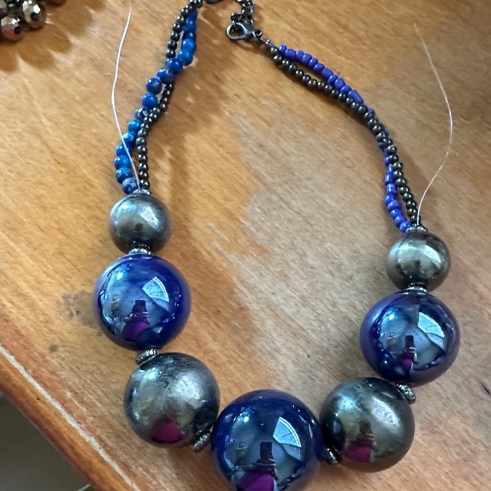 Chic Blue and Silver Beaded Necklace